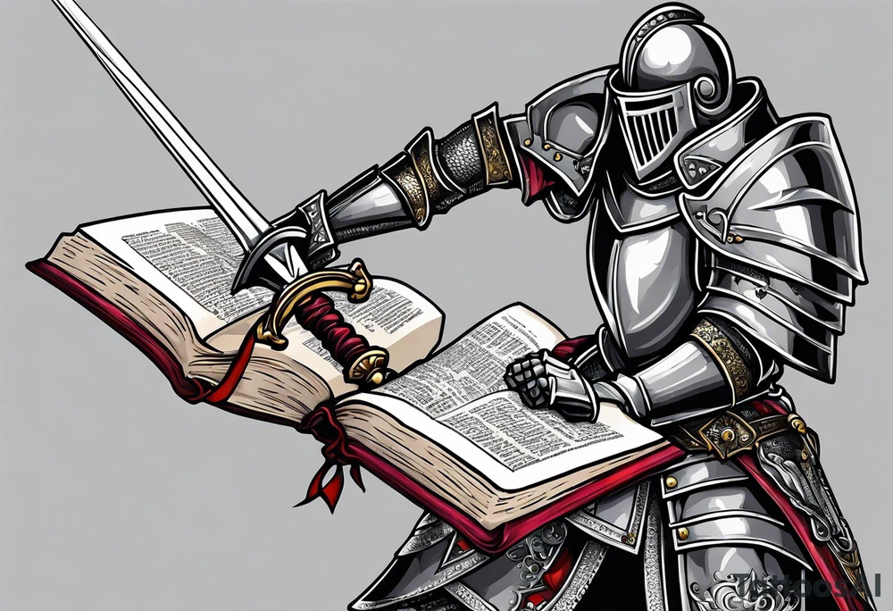 a knight pulling a sword out of an open bible tattoo idea