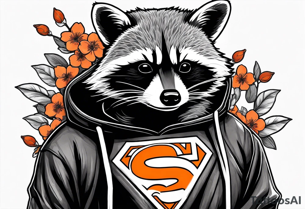 Raccoon wearing a white Superman logo on a black hoodie and orange Japanese cherry blossoms beside tattoo idea