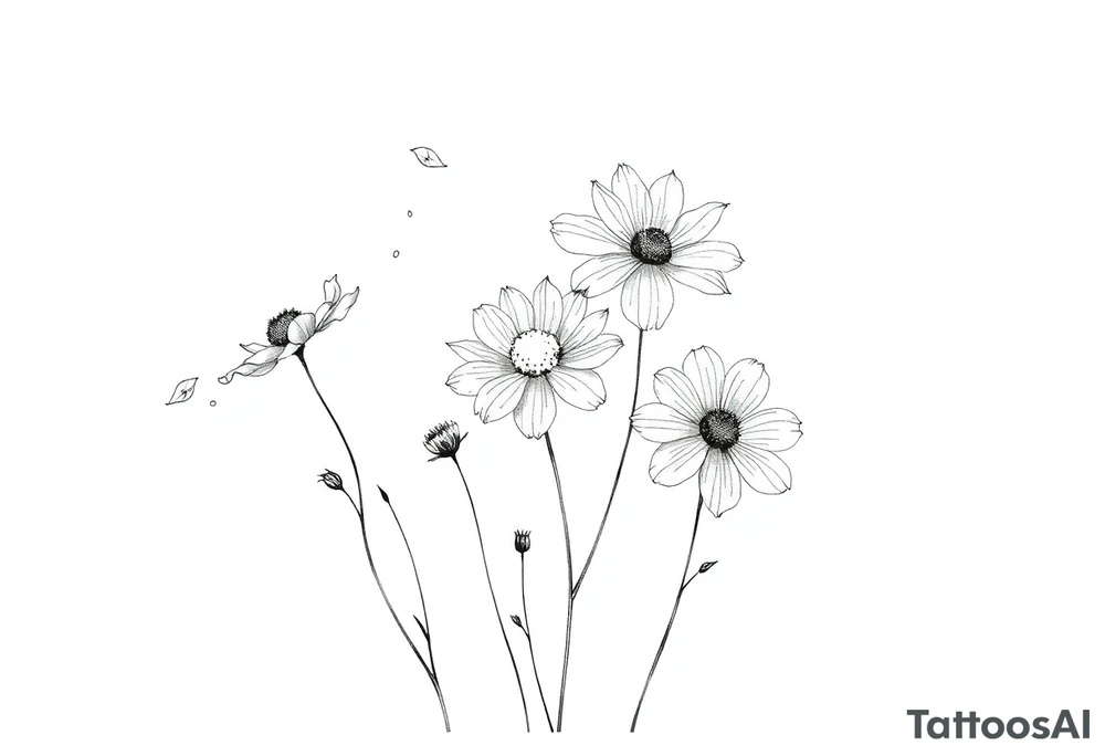 Wildflowers in the Wind (Detailed Linework)
A realistic fine-line tattoo of wildflowers with some petals or leaves being carried away by the wind.
The flowers can be intricately shaded for depth, and the wind can be represented with delicate, flowing lines.
Placement: Forearm, ribcage, or back of the shoulder. tattoo idea