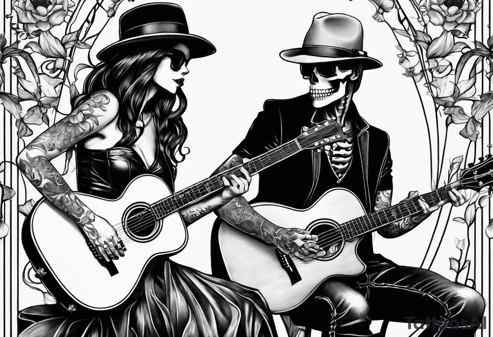 a male skeleton playing guitar while a female skeleton listens tattoo idea