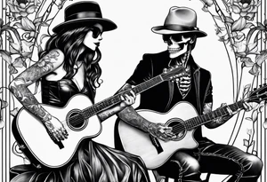 a male skeleton playing guitar while a female skeleton listens tattoo idea