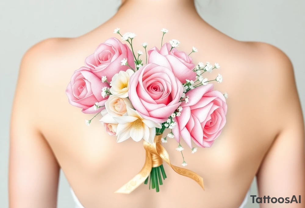 A delicate, hand-tied bouquet of roses, peonies, and baby’s breath, with soft pink, ivory, and pastel peach petals. The stems are wrapped in a silk ribbon with golden embroidery, flowing gently in the wind. Subtle watercolor shading creates a dreamy, romantic feel. tattoo idea