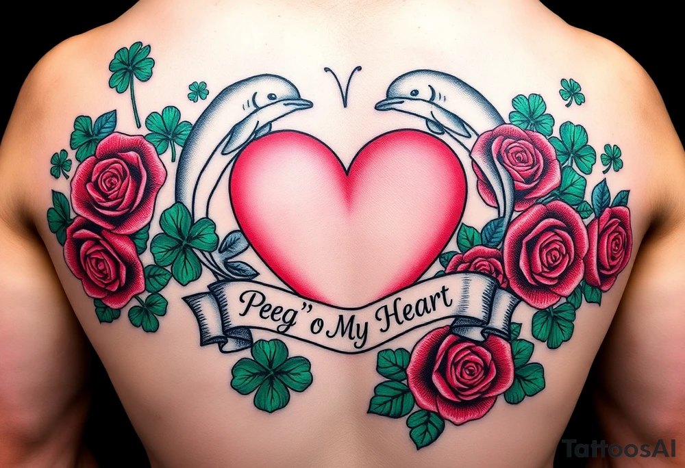 A lot of green shamrocks & red roses, dolphins with a big Pink heart and a banner across the heart that says Peg 'o My Heart tattoo idea