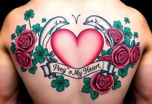 A lot of green shamrocks & red roses, dolphins with a big Pink heart and a banner across the heart that says Peg 'o My Heart tattoo idea