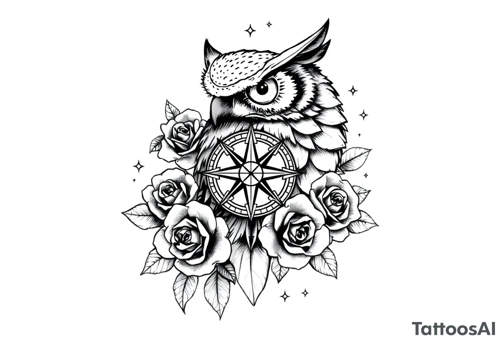 an owl,compass,roses,stars. tattoo idea
