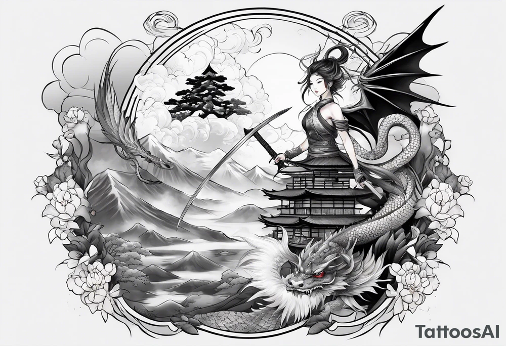warrior beautiful fairy nymph with a full body with a sword and a full dragon with a mountain with clouds and a Japanese building background tattoo idea