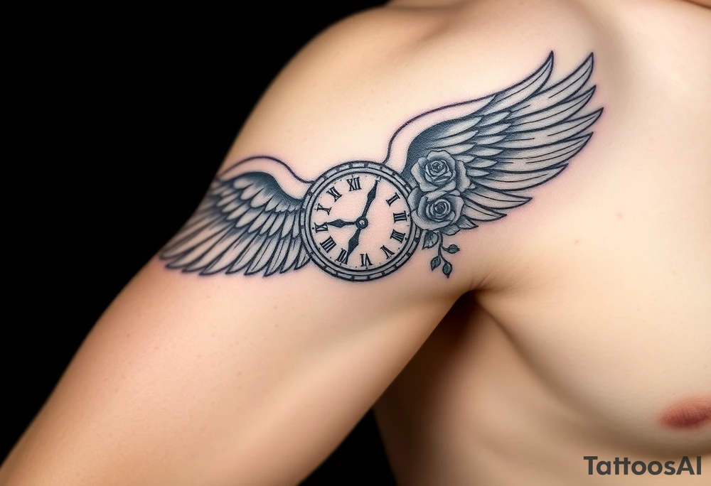 Wing with compass  a clock  with roses tattoo idea