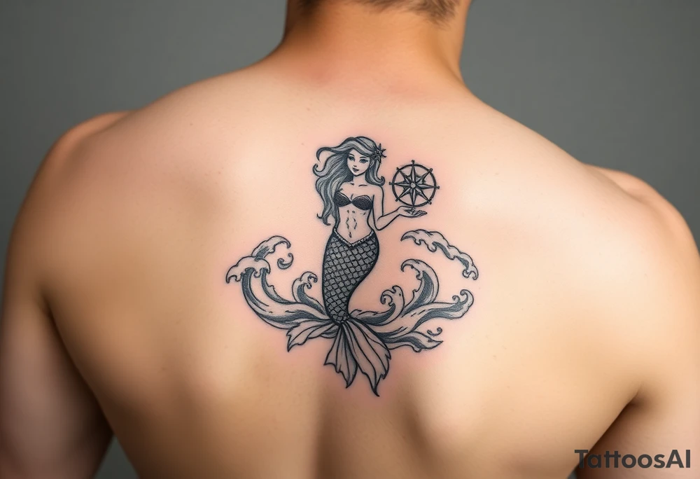 Mermaid in waves with compass tattoo idea
