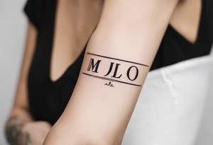 small tattoo on the forearm with the initials MLJ, date of birth 22/09/22 in the style of a moluccan tattoo tattoo idea