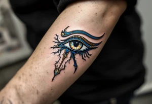 A blue and bronze Eye of Horus, detailed with ancient lines, placed on the forearm for protection and healing. tattoo idea