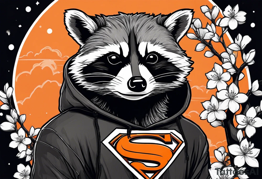 Raccoon wearing a white Superman logo on a black hoodie and orange Japanese cherry blossoms tattoo idea