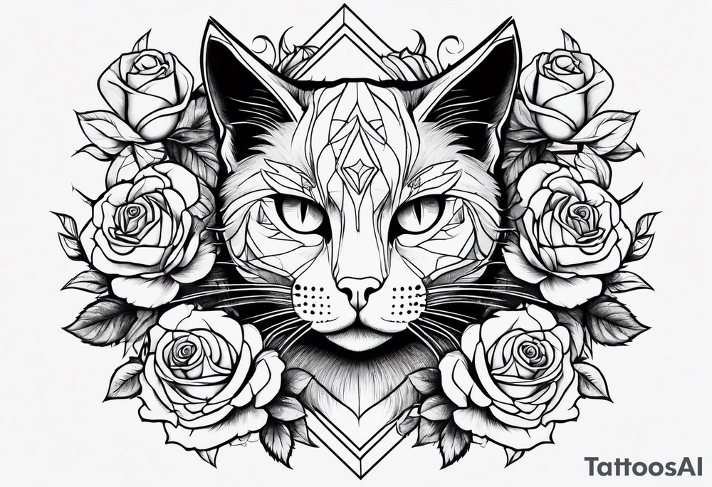 cat with roses around it tattoo idea