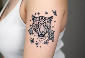 head of 3 jaguars (1 mother and 2 cubs) surrounded by butterflies and hummingbirds in new old school style tattoo idea