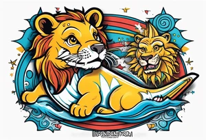 Lion shark mix back tattoo with the words “independent from birth” tattoo idea