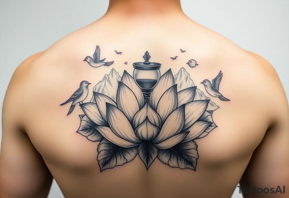 Lotus flower with hour glass and mountains and birds tattoo idea