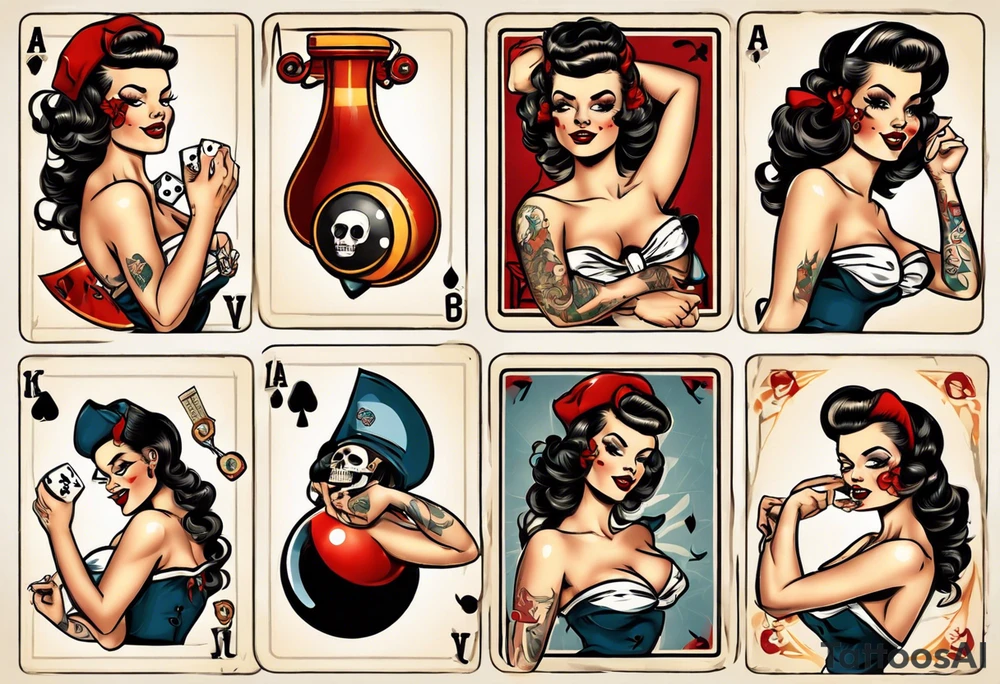 pinup girl, playing cards, traditional flash, 8ball, skull, dice tattoo idea