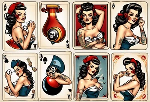 pinup girl, playing cards, traditional flash, 8ball, skull, dice tattoo idea