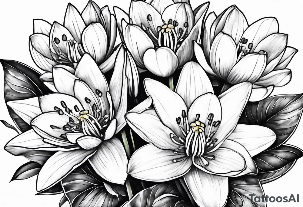 Water Lilly, Lilly of the valley and narcissus bouquet tattoo idea
