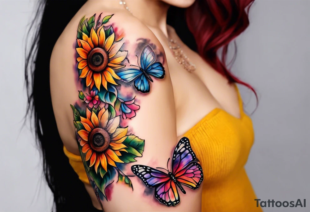 Memorial arm sleeve for mom with rainbow sunflowers and butterflies tattoo idea