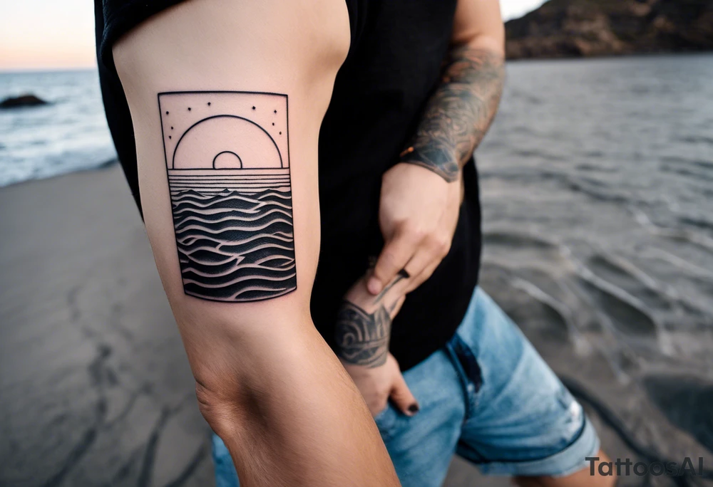 Minimalistic, small, black and white tattoo on male forearm. Tattoo style is line drawing. From the perspective of being on the ocean, the water is calm, with no waves in sight, the sun is setting behind the ocean, reflecting light onto the water. The tattoo in the shape of a rectangle, 4 inches wide by 2 inches tall. tattoo idea