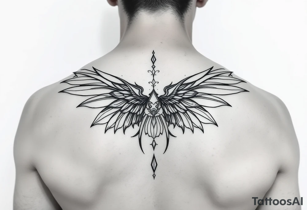 maximalist, cyber sigilism, organic touches, back tattoo, whimsical, witchy, hippie, fairy wing like, maximalistic, very very complex and big, detailed tattoo idea