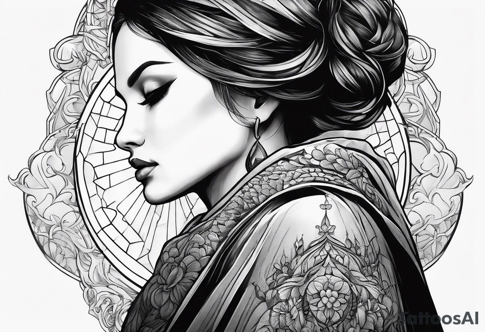 Woman in cloak praying hands side view tattoo idea