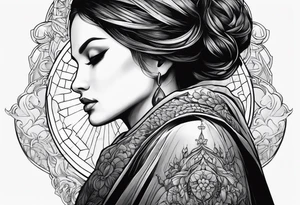 Woman in cloak praying hands side view tattoo idea