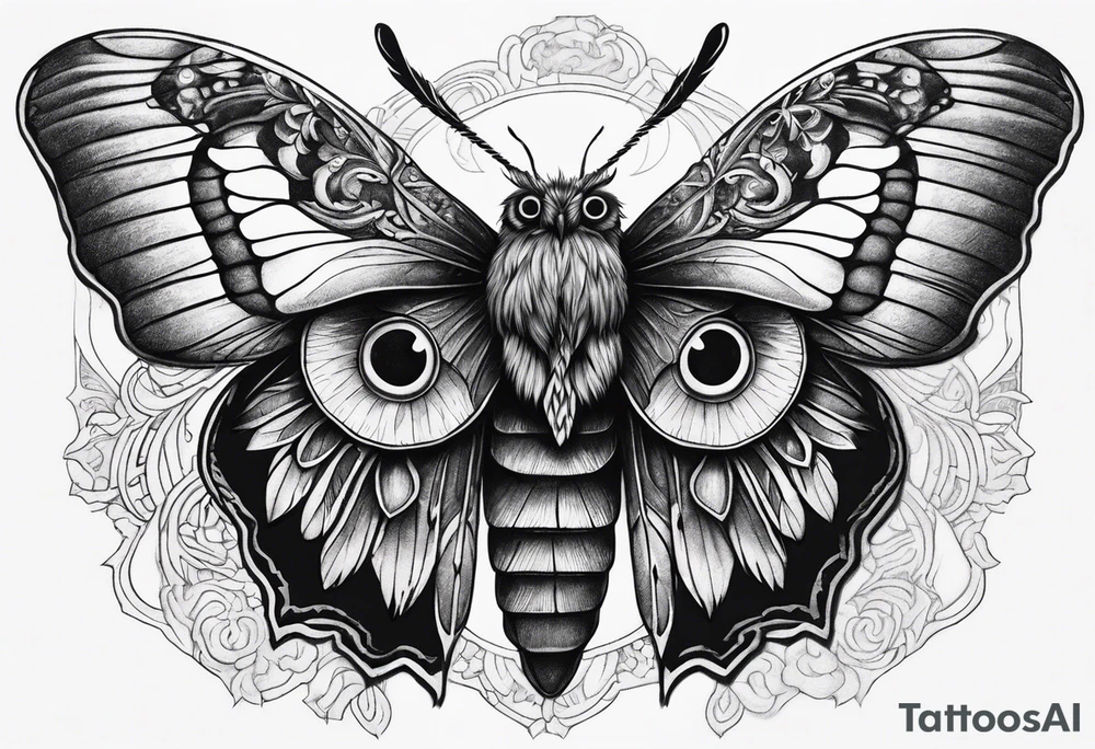Dead head moth with long wings and owl eyes tattoo idea
