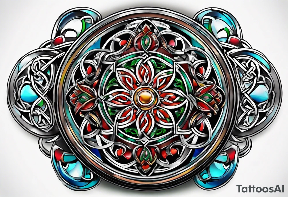 Small circular 3d colored shoulder Celtic tattoo tattoo idea