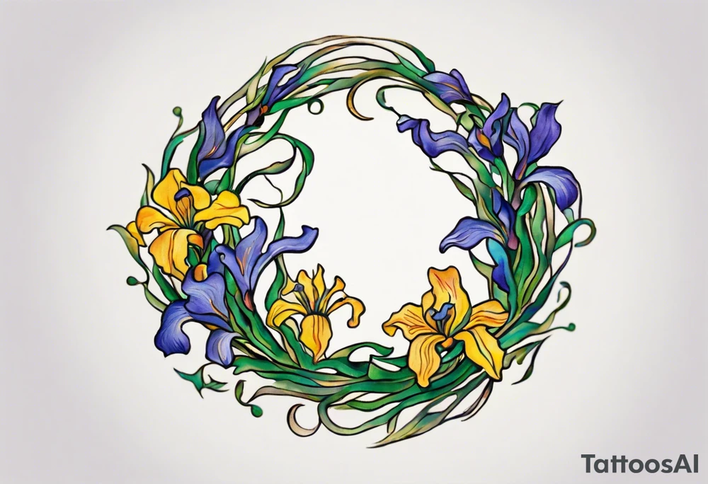 Create a small, colorful Vincent van Gogh Irises tattoo in the form of a crescent, with vines gracefully intertwining at a central point in the middle of the wreath. The intended placement is on the upper chest. The middle needs mountains. The overall design should be small in size while maintaining a delicate and artistic aesthetic. Pay attention to the graceful flow of the vines and the placement of the irises to achieve a refined and elegant look. tattoo idea