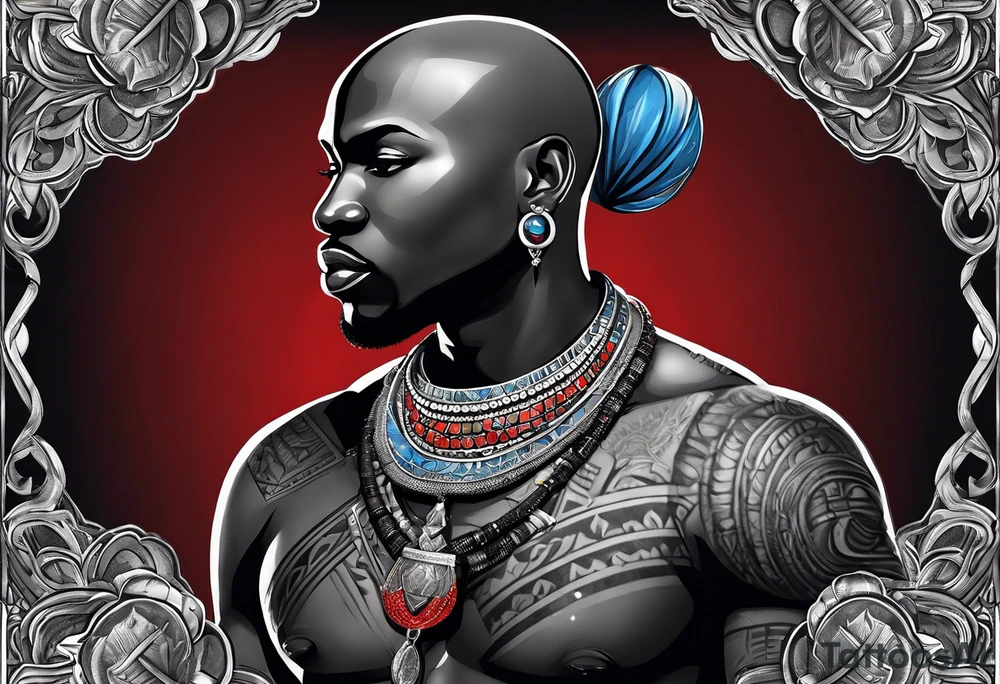 Black-skinned bald african warrior. He wears  a small silver crown. He wears two simple necklaces: one blue, other red. tattoo idea