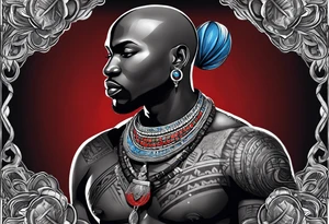 Black-skinned bald african warrior. He wears  a small silver crown. He wears two simple necklaces: one blue, other red. tattoo idea