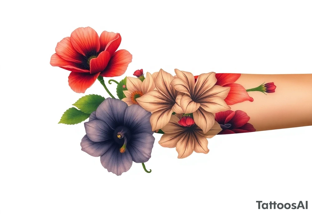 Fore arm tattoo in the neo american traditional style. I want to incorporate a few different flowers: Poppies, Morning Glory, Narcissus with green leaves in the background tattoo idea