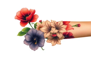 Fore arm tattoo in the neo american traditional style. I want to incorporate a few different flowers: Poppies, Morning Glory, Narcissus with green leaves in the background tattoo idea