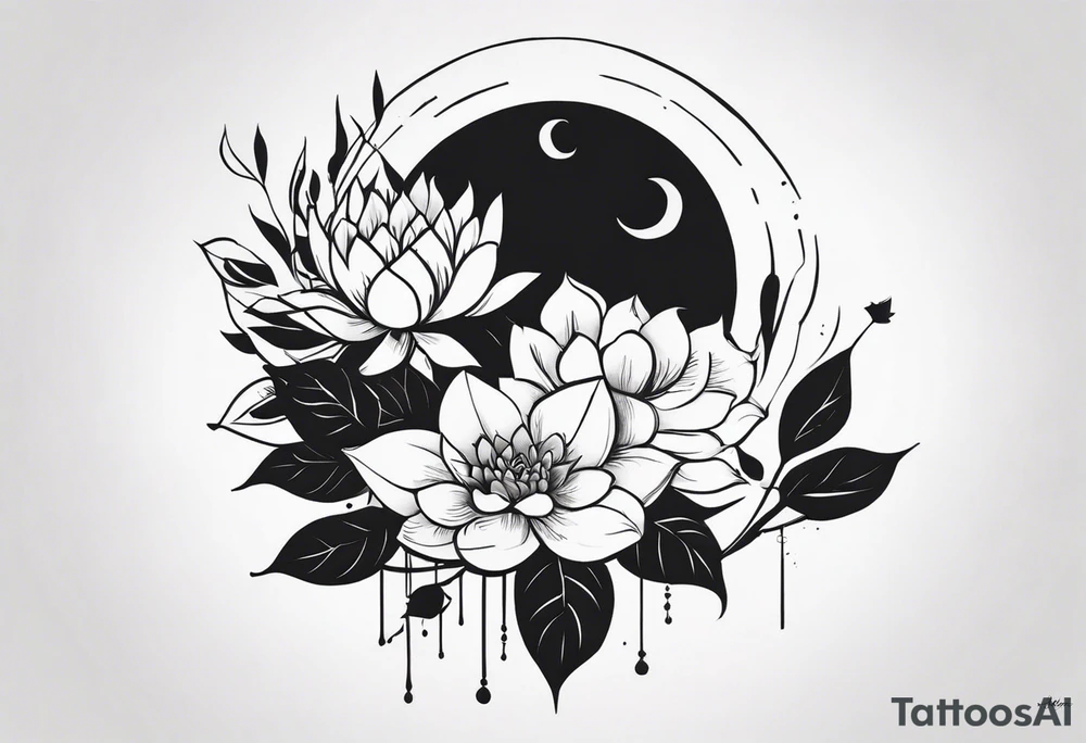 Нежные тонкие пионы с линиями и центральной звездой tattoo idea Нежные тонкие пионы с линиями и центральной звездой tattoo idea