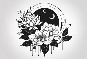Нежные тонкие пионы с линиями и центральной звездой tattoo idea