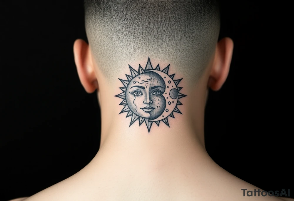 celestial sun and moon embrace with constellation patterns tattoo idea