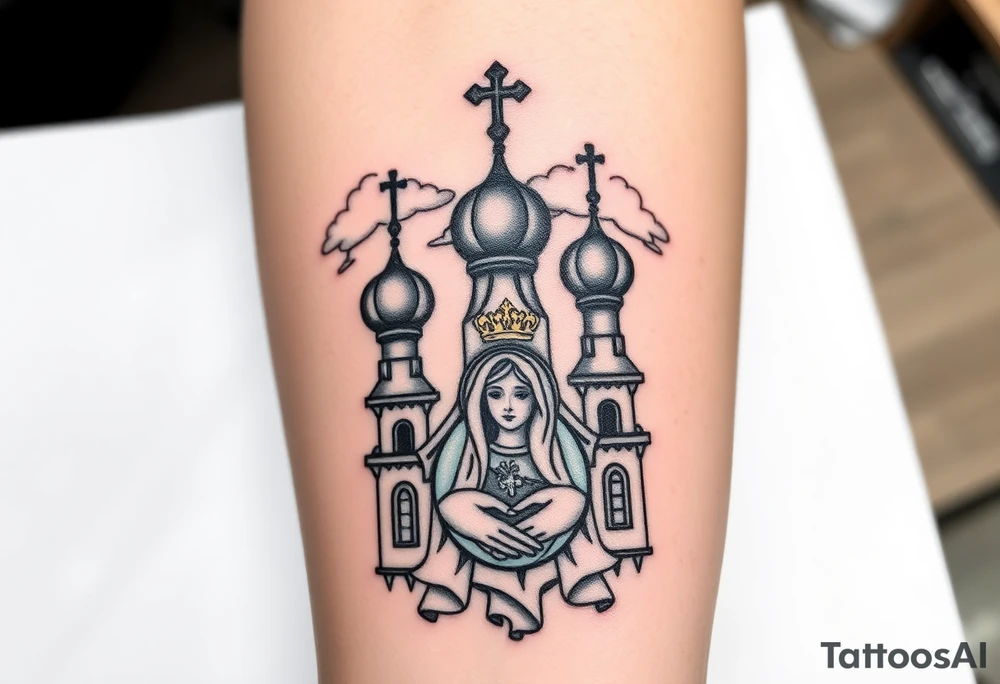 Russian Orthodox church with orthodox spire crosses, with clouds above it and a virgin mary seperately looking over hands on heart sat above tattoo idea