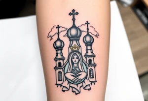 Russian Orthodox church with orthodox spire crosses, with clouds above it and a virgin mary seperately looking over hands on heart sat above tattoo idea