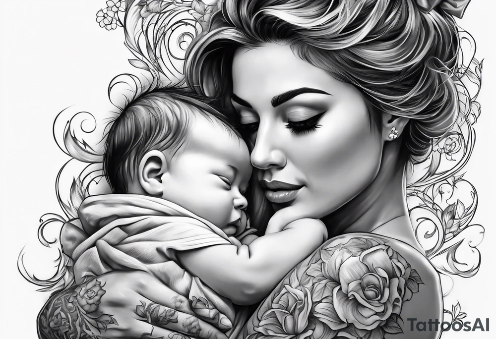 chest tattoo : 
mom and baby son tattoo idea