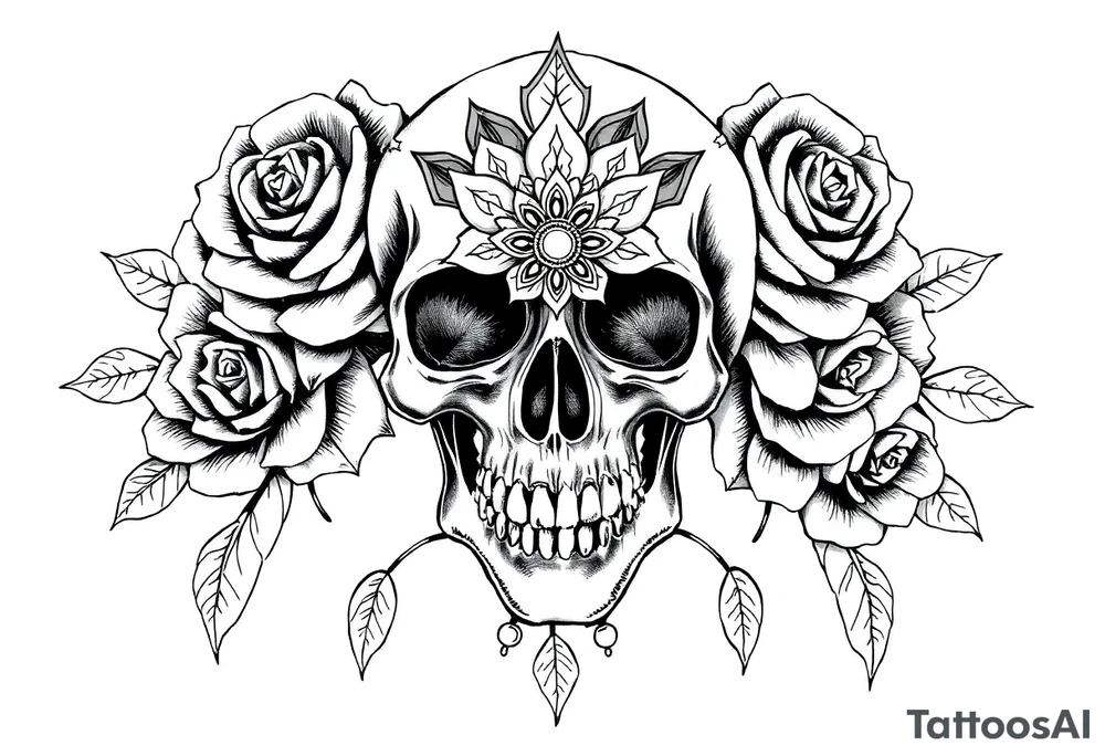 Skull with roses and mandala tattoo idea