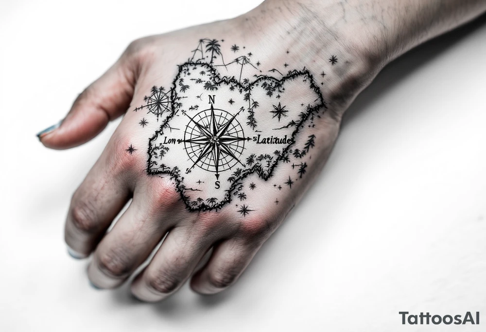 Compass on the back of the palm in the shape of Nigeria with longitude written on the top and latitude written on the bottom. Draw lines from a treasure map connecting from the arm to the tattoo tattoo idea