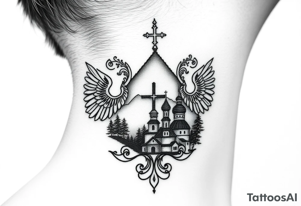 Traditional authentic Russian coat of arms with a Christian orthodox virgin marry in the middle and silhouette in a Russian wilderness Christian orthodoxy dome church village setting on the side of my neck tattoo idea