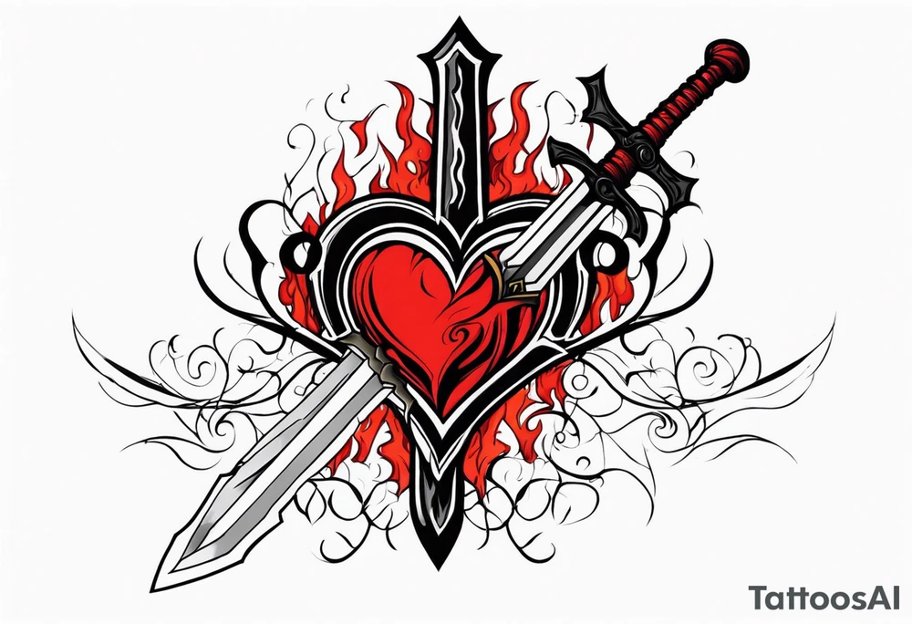 Heart with a sword running throught it and a cross and red flames coming out the top tattoo idea