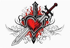 Heart with a sword running throught it and a cross and red flames coming out the top tattoo idea