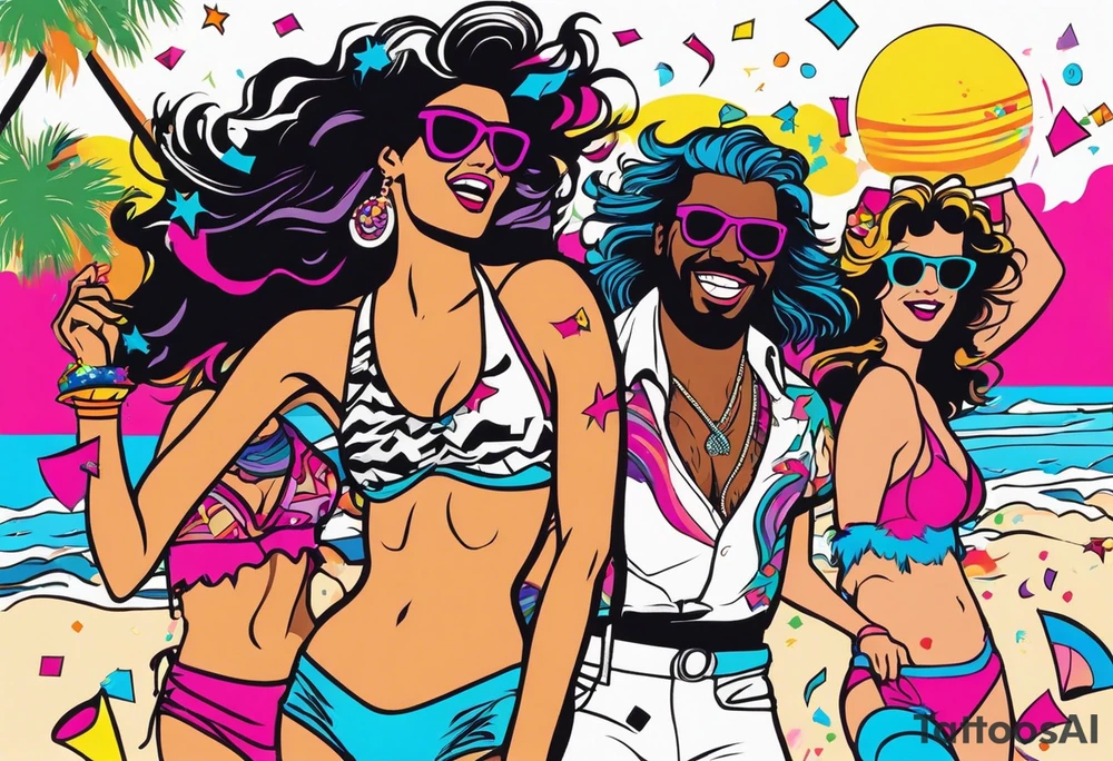 1980's miami vice style beach dance 
party, include confetti, music notes, boom box, bikinis tattoo idea