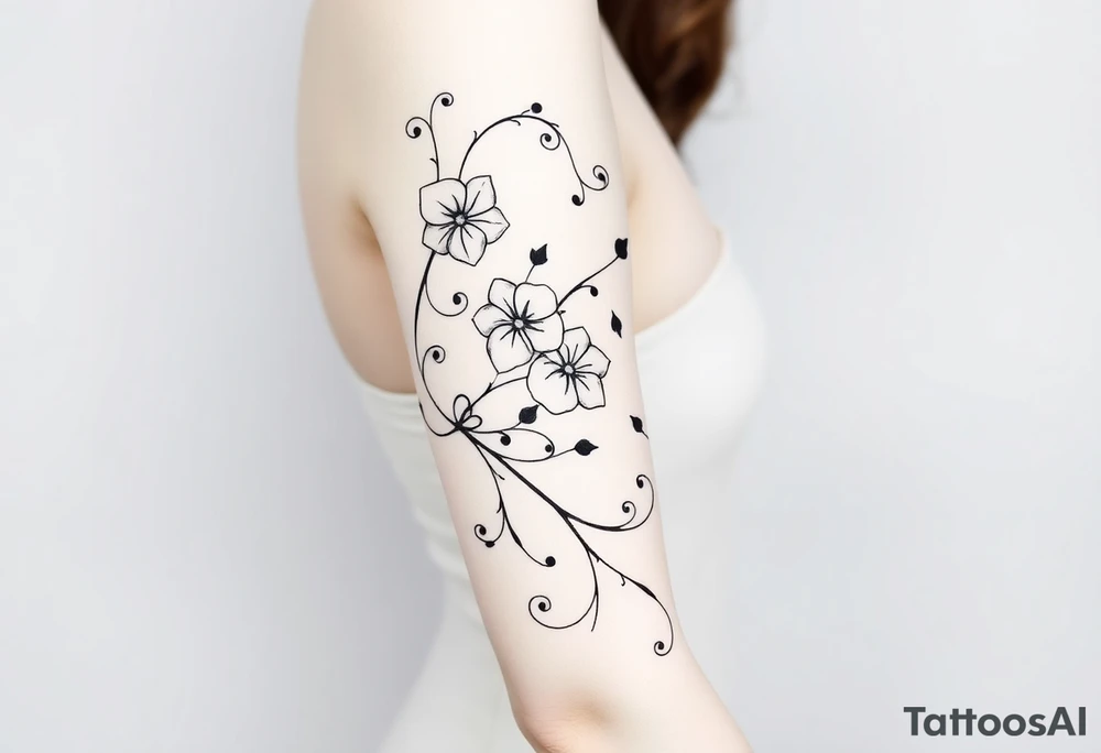 Swirly, filigree, vintage flourish style morning glory vine tattoo idea