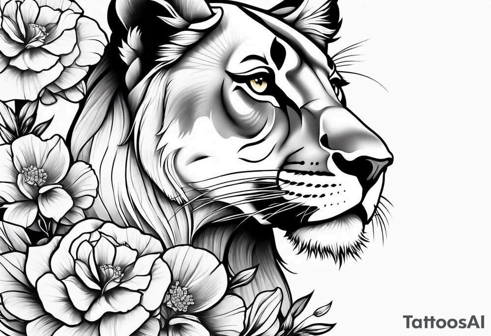 Lioness thigh tattoo with flowers tattoo idea Lioness thigh tattoo with flowers tattoo idea