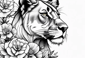 Lioness thigh tattoo with flowers tattoo idea