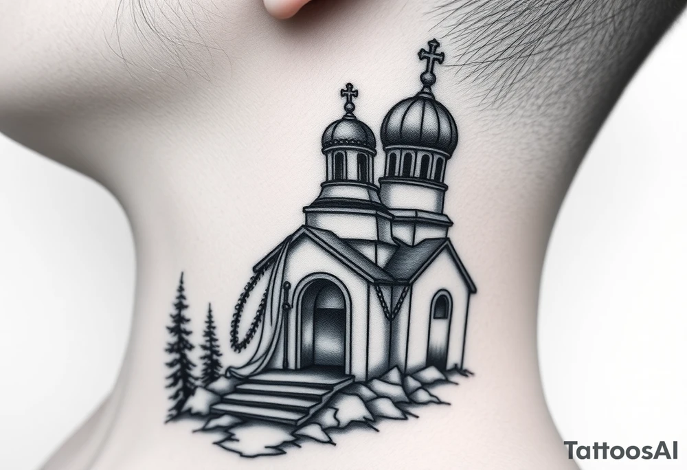 russian design traditional virgin mary stood beside the entrance of a russian orthodox dome church on the side of the neck in a wilderness setting with the design spread out the side of the neck tattoo idea